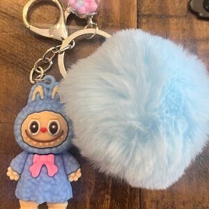 Fluffy Light Blue Pom-Pom Keychain with Cute Cartoon Doll Charm Labubu